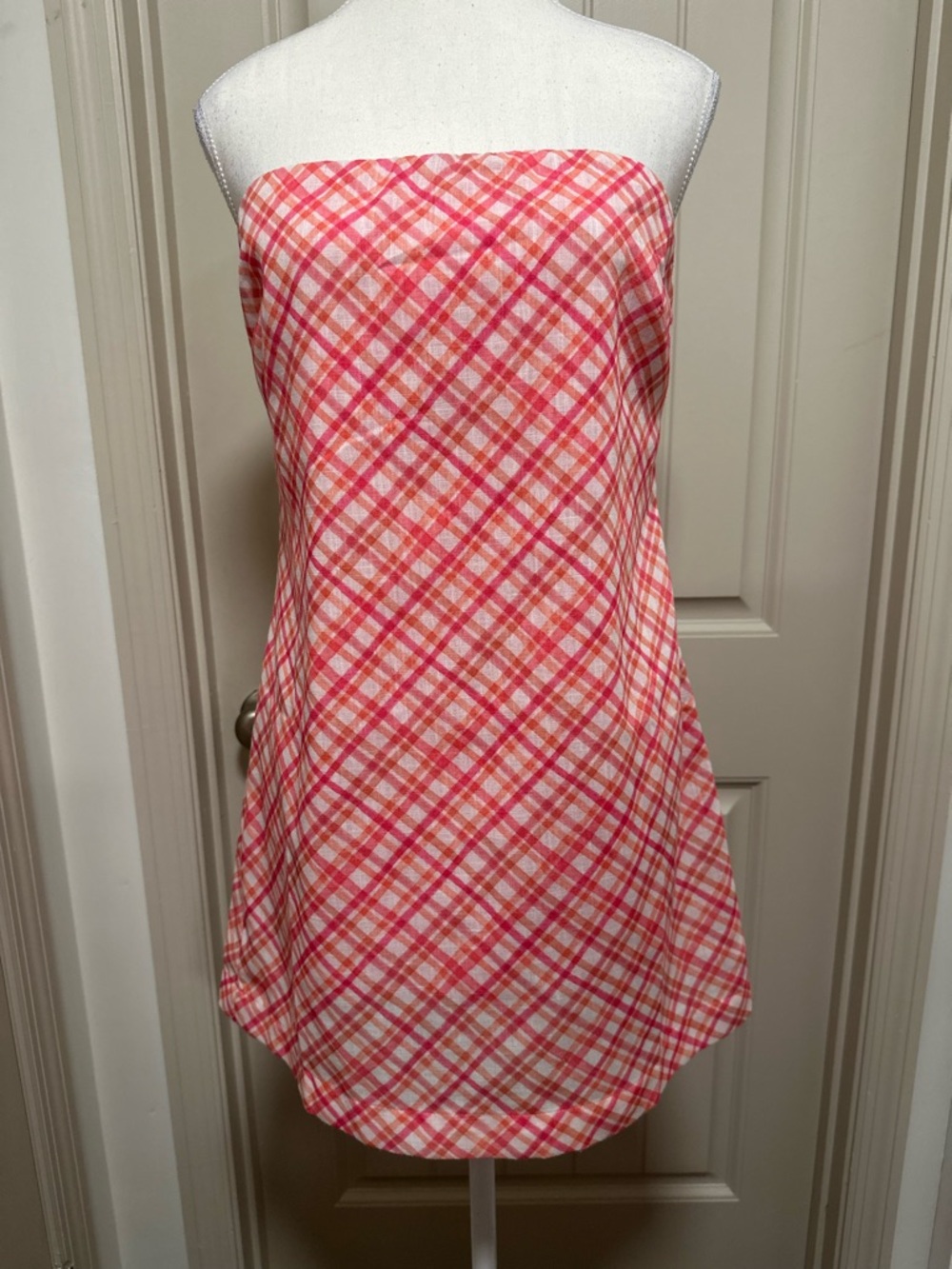 Princess Polly Coral & Pink Plaid Strapless Dress
